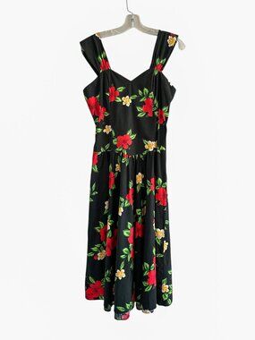 Vtg Hilo Hattie Hibiscus Floral Dress, XL, Black Pinup